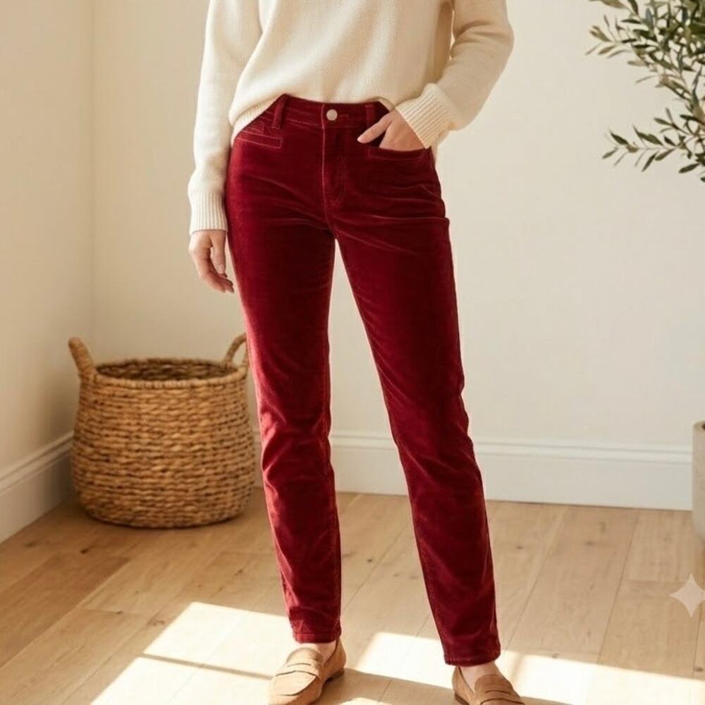 Lands’ End | Burgundy Velvet Mid Rise Slim Stretch Pants | 10 Petite